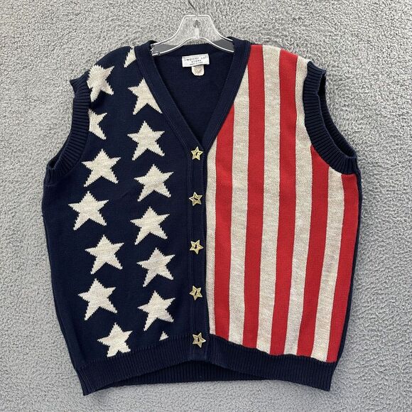 Vintage Sweater Loft Women 2X Button Up Vest Knit Cotton American Flag Retro USA - Picture 1 of 7